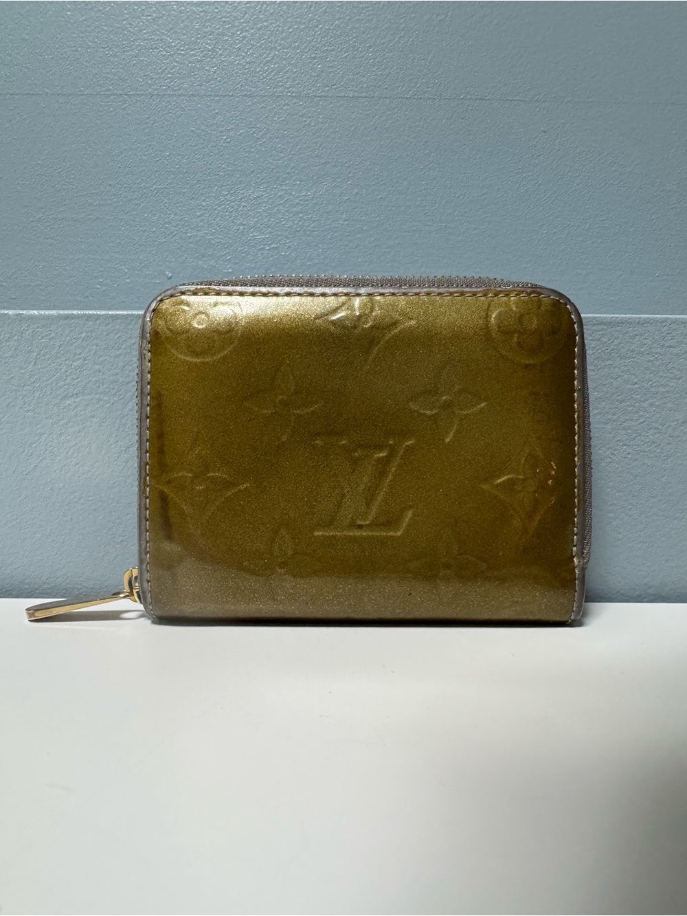 Louis Vuitton Metallic Olive Green Monogram Vernis Zip Wallet Authentic
